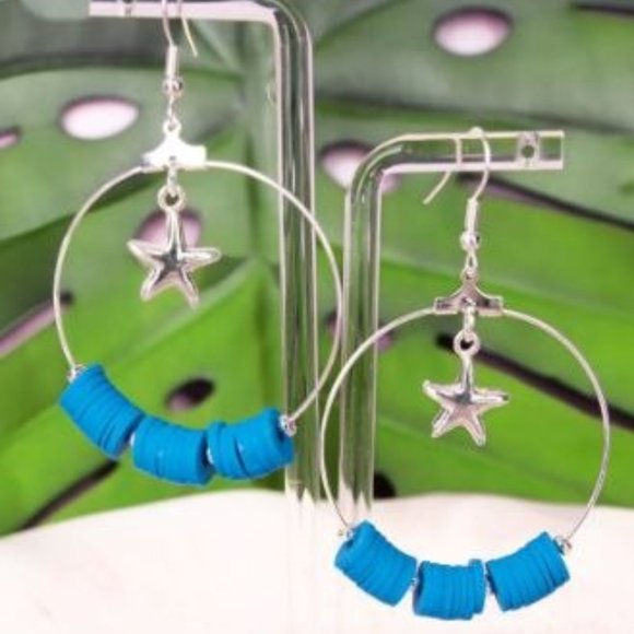 Jewelry - Silvertone Starfish Hoop Earrings with Blue Discs NWT
